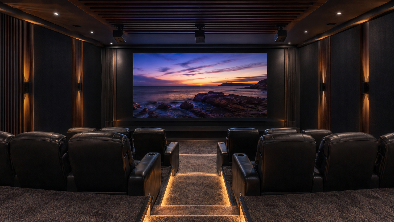 Private theater with integrated lighting, acoustics, and cinema technology