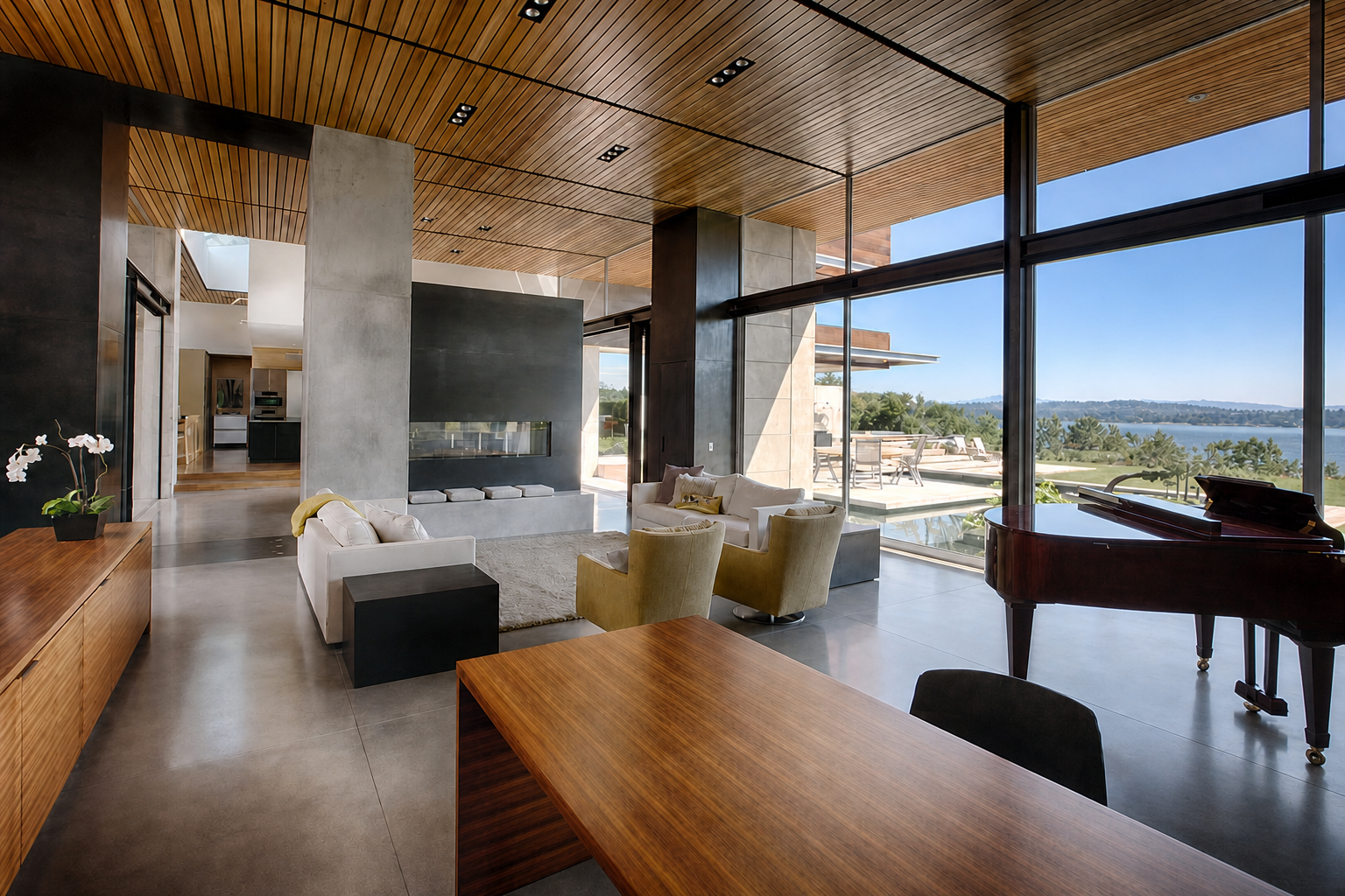 Modern waterfront living room with integrated technology